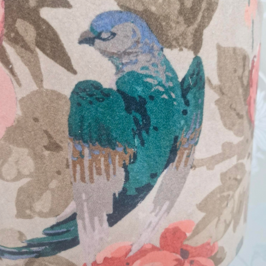 Close up image of bird and florals on Linwood velvet fabric 