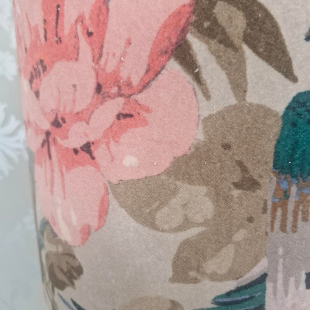 Close up image of bird and florals on Linwood velvet fabric 
