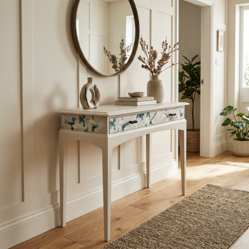 Stag Minstrel Console Table in Cashmere – Hand-Painted & Decoupaged Hallway Table with Romo Botanical Drawer Fronts