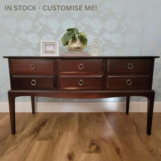 Stag Minstrel Six Drawer Sideboard for commission to be custom painted in a colour of your choice. Please contact to discuss artistic designs and options to refinish this piece of furniture.