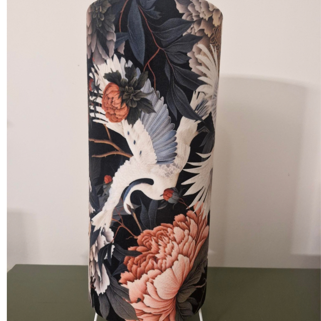 Art Deco Table Lamp in a plain room setting featuring a black and orange velvet fabric