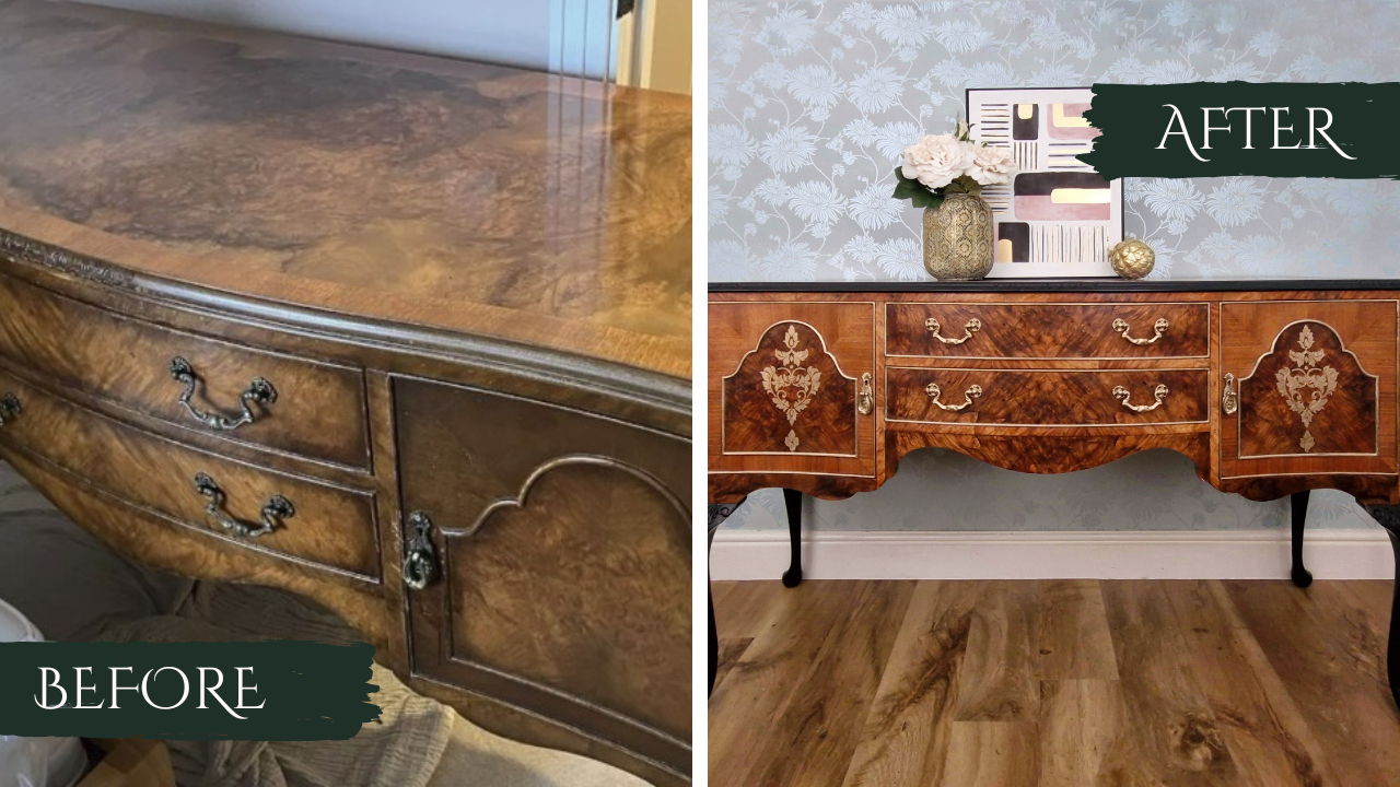 An Art Deco Sideboard that has had old varnish stripped to reveal the original grain, decorative details have been added with a metallic stencil and hardware refresh before adding black accents and osmo oil for protection.