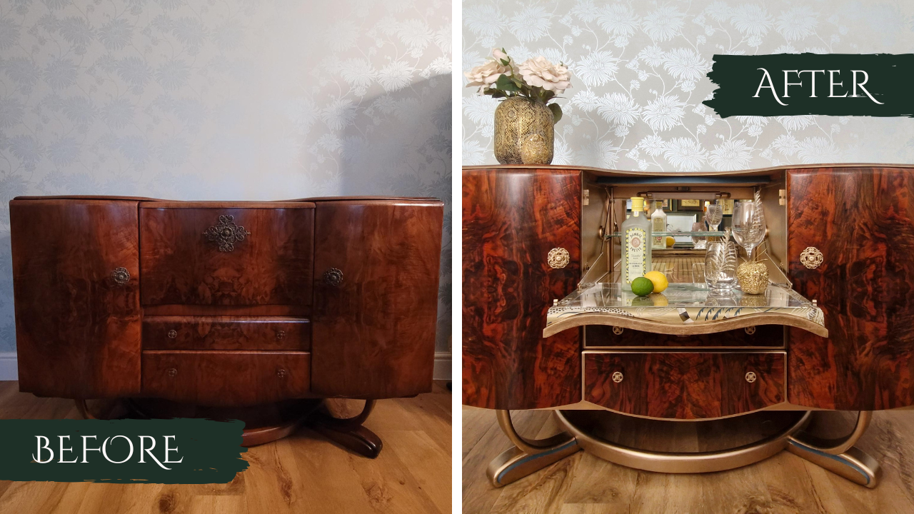 Before and after transformation of a wooden sideboard with decorative elements.