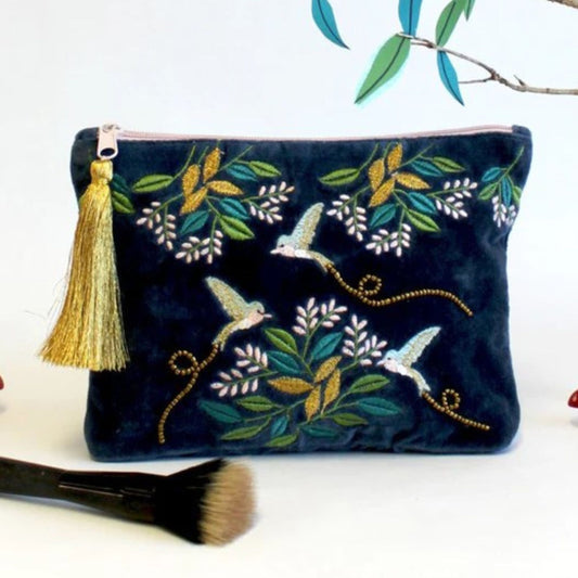 Elegant Embroidered Velvet Cosmetic Bag with Hummingbird and Floral Design - Stylish Travel Makeup Pouch with Gold Tassel Navy Blue