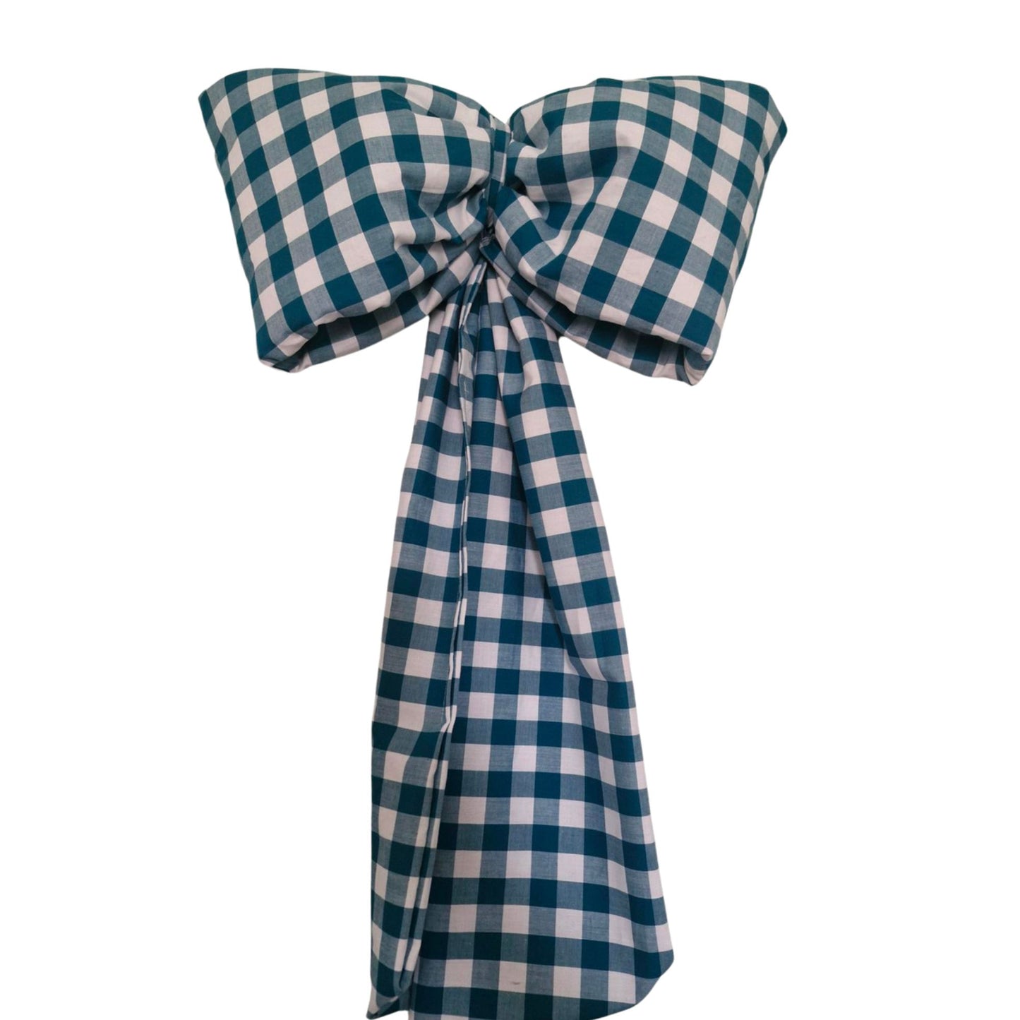 Teal and white checkered bow tie on a white background