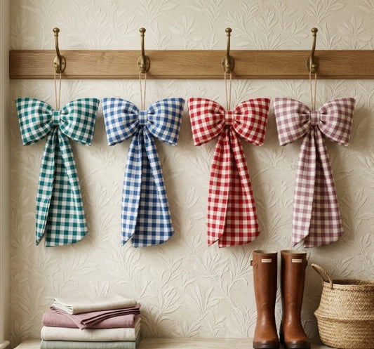 Set of checkered bows hanging on a wooden rod against a floral wallpapered wall.