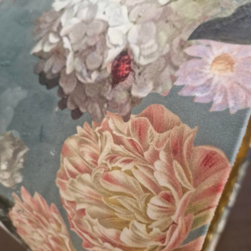 Botanical Velvet Virdigris fabric close up shot in sage green pinks and neutrals