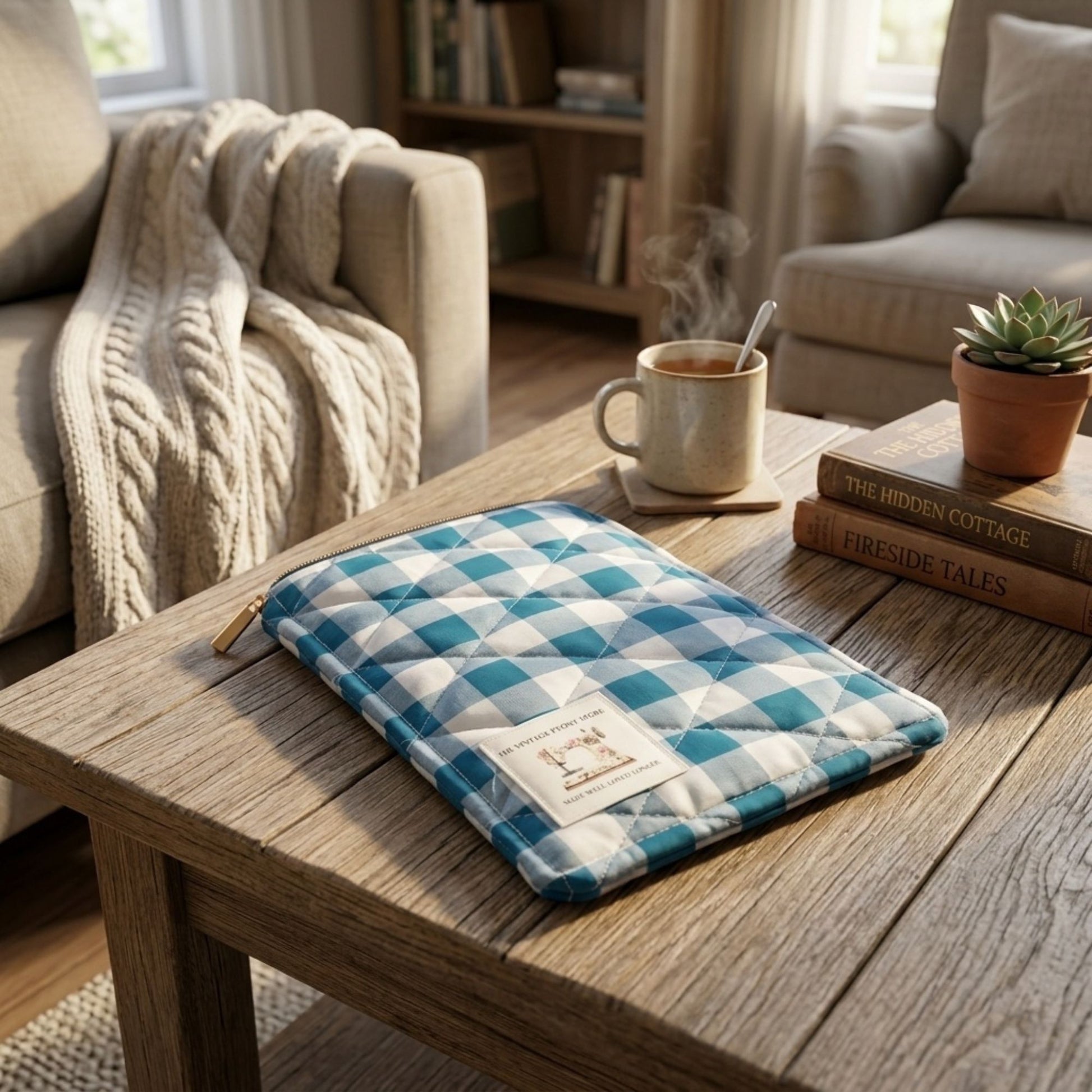 Blue and white checkered ebook sleeve on a wooden table with a cup of coffee and books in a cosy living room.