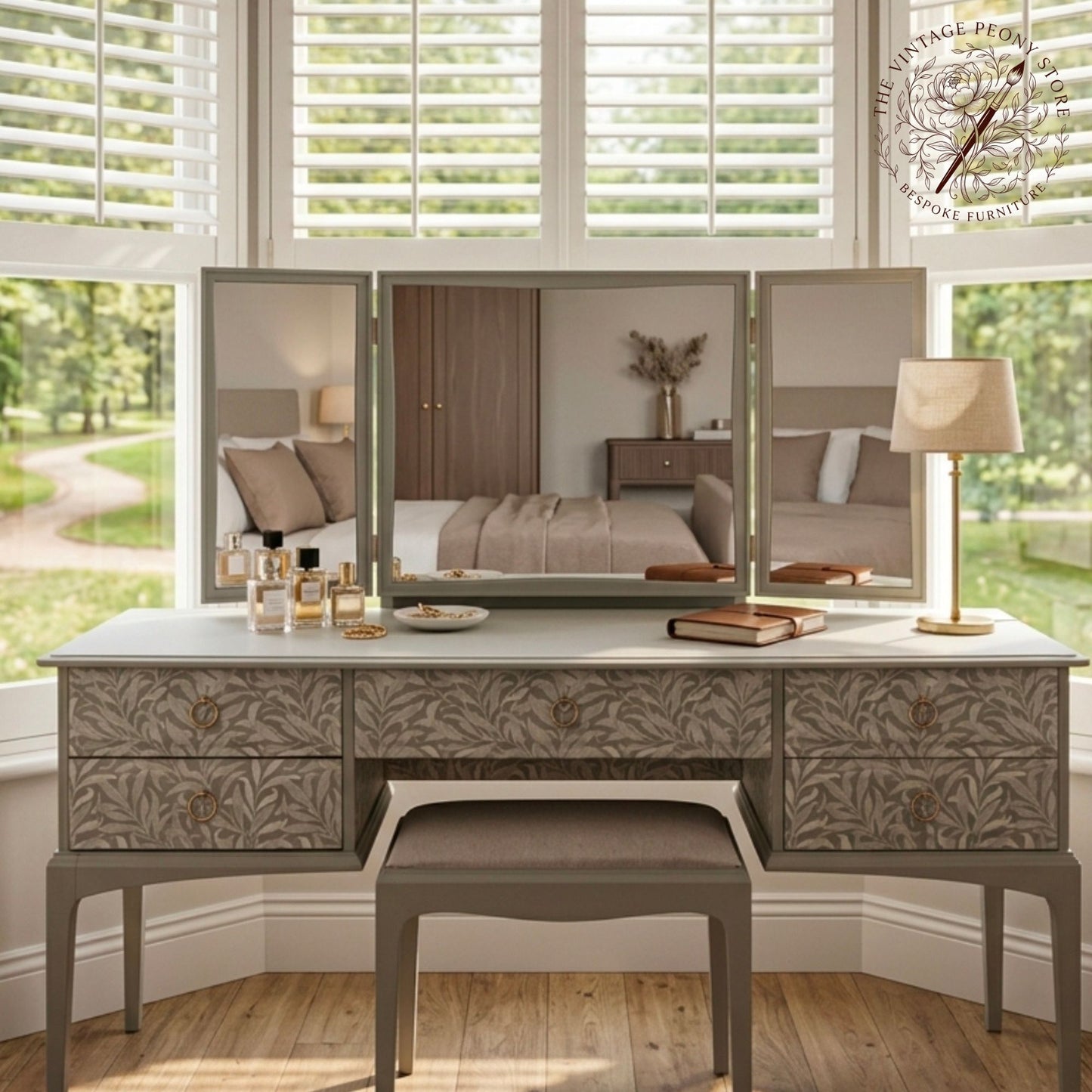 A three-panel vanity table with a white top and patterned gray drawers, accompanied by a matching stool, set in a bright room with large windows and shutters.