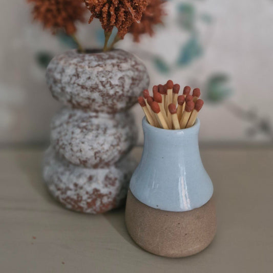 Glazed ceramic match striker pot in egg shell blue colourway
