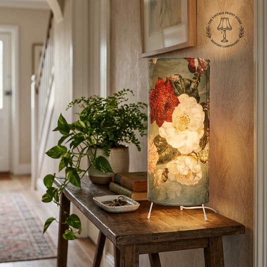 A decorative table lamp with a vintage-style floral print in red, cream, and green, illuminated and standing on a rustic wooden table in a warm, styled interior hallway.