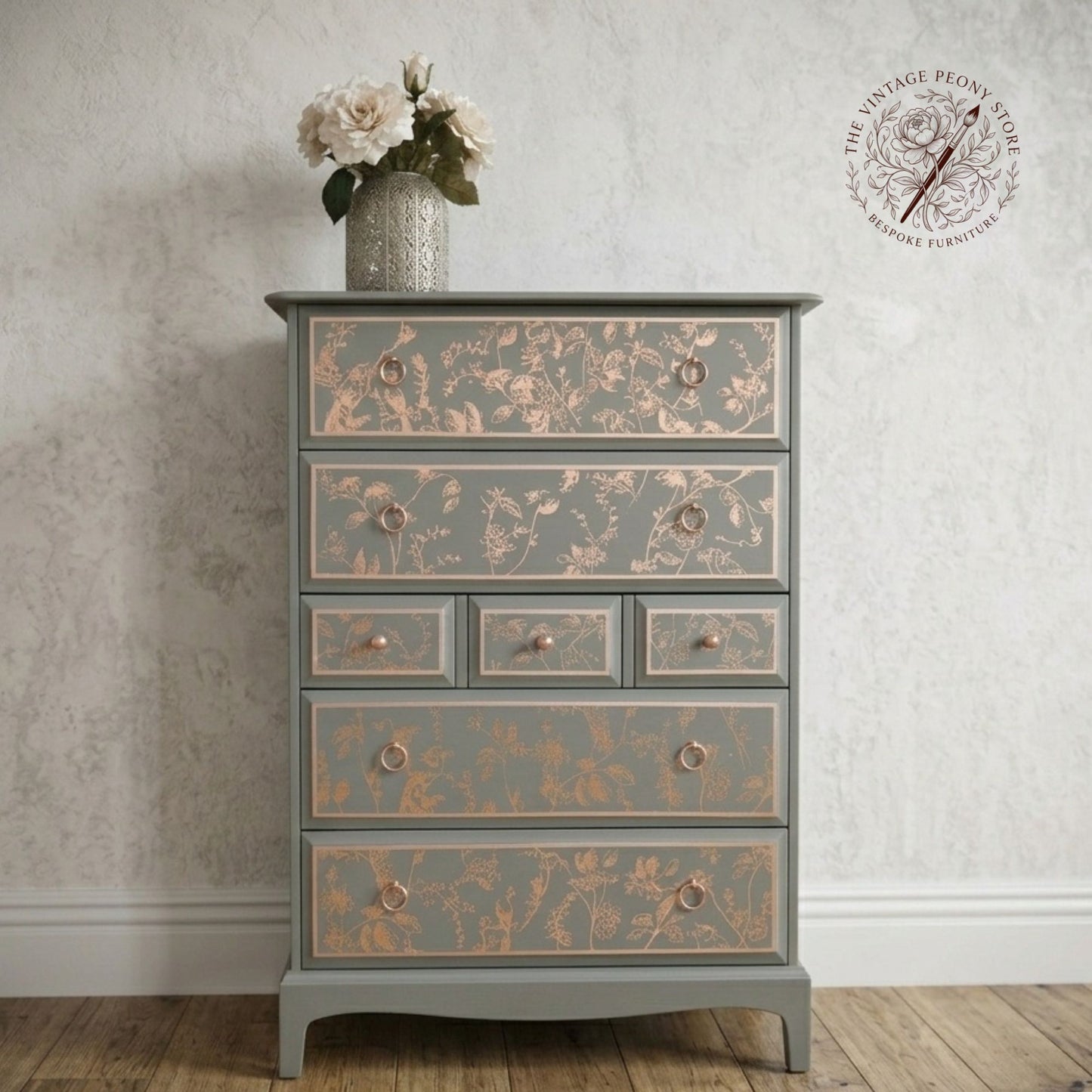 Stag Minstrel Tallboy | Bespoke Hand Painted Seven Drawer Chest of Drawers | Custom Commission