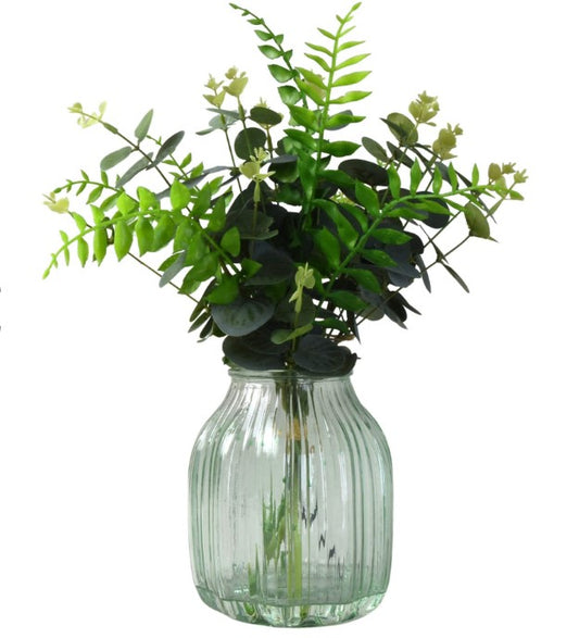 Eucalyptus & Leafy Stems in Green Glass Vase