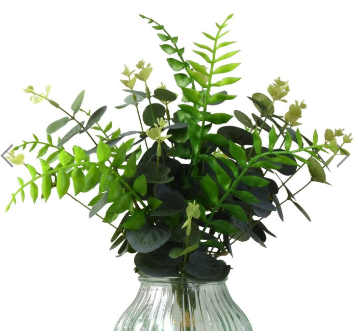 Eucalyptus & Leafy Stems in Green Glass Vase