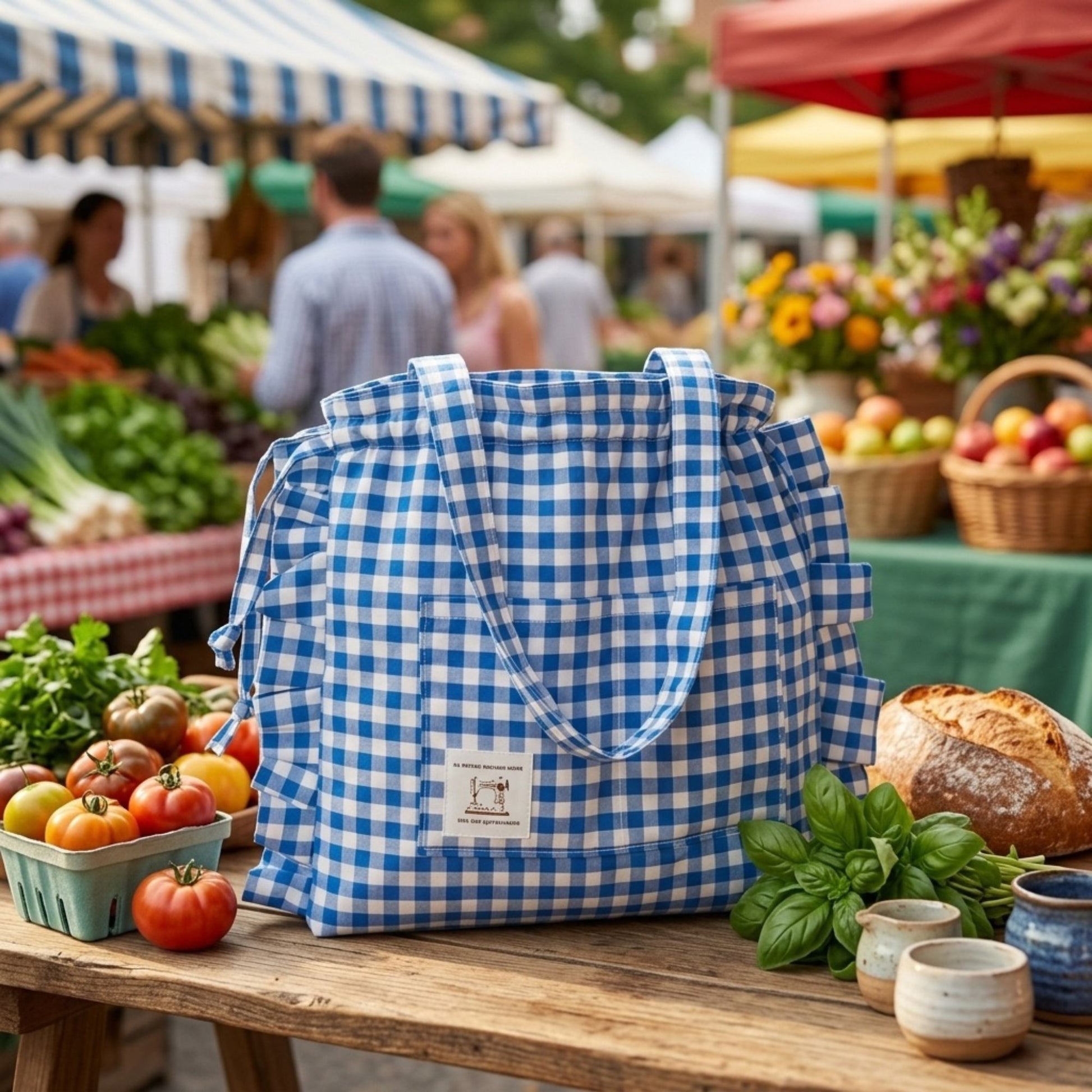 Blue Gingham Bag set in a farmers market setting surrounded by fruit, vegetables and flowers