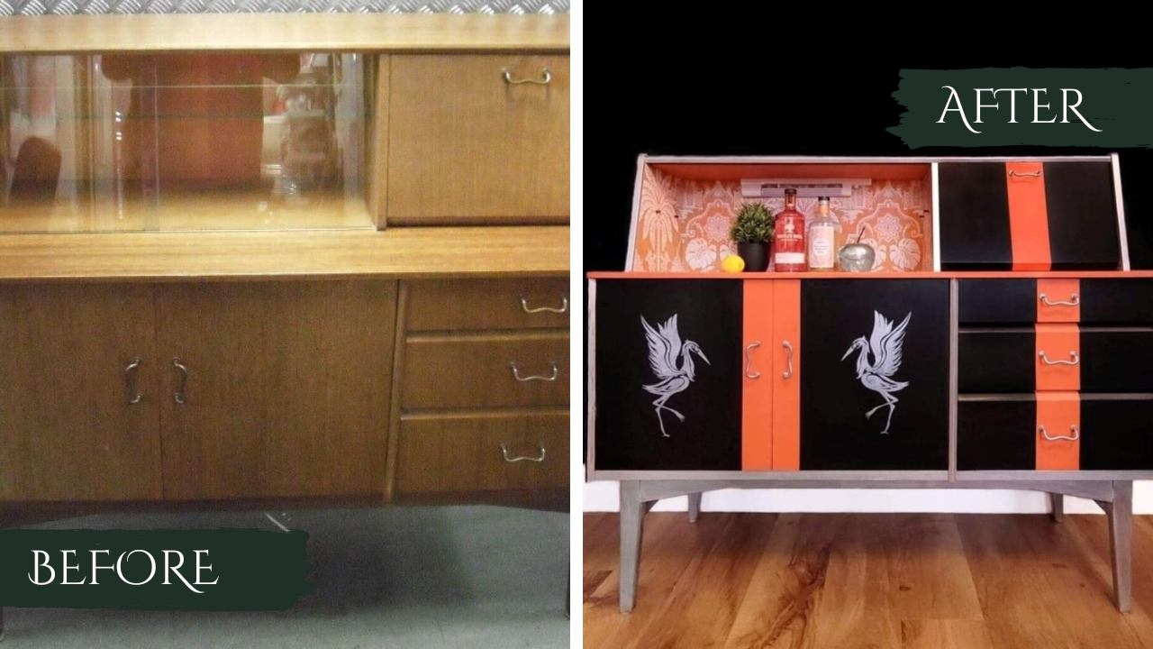 Sanded, primed and painted in Fusion Mineral Paint Coal Black and a vibrant Tuscan Orange with silver metallic pinstripes and crane bird stenciling.