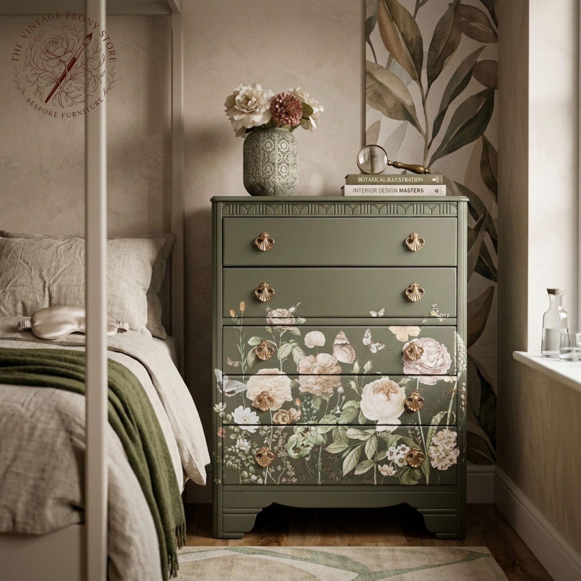 A bayberry green four-drawer chest of drawers decorated with a vintage floral and butterfly pattern, styled in a cozy bedroom next to a bed.