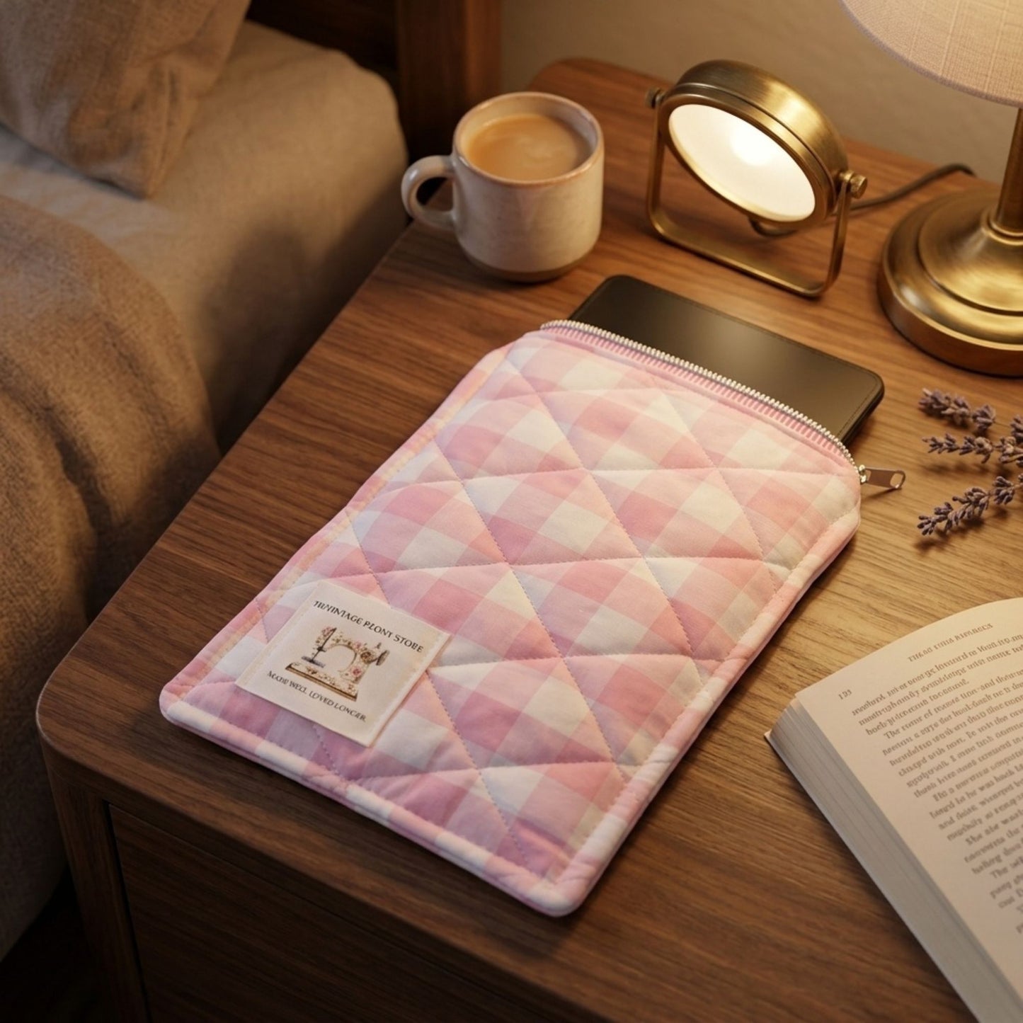 Pink quilted ebook sleeve  on a nightstand with a cup, lamp, and book.
