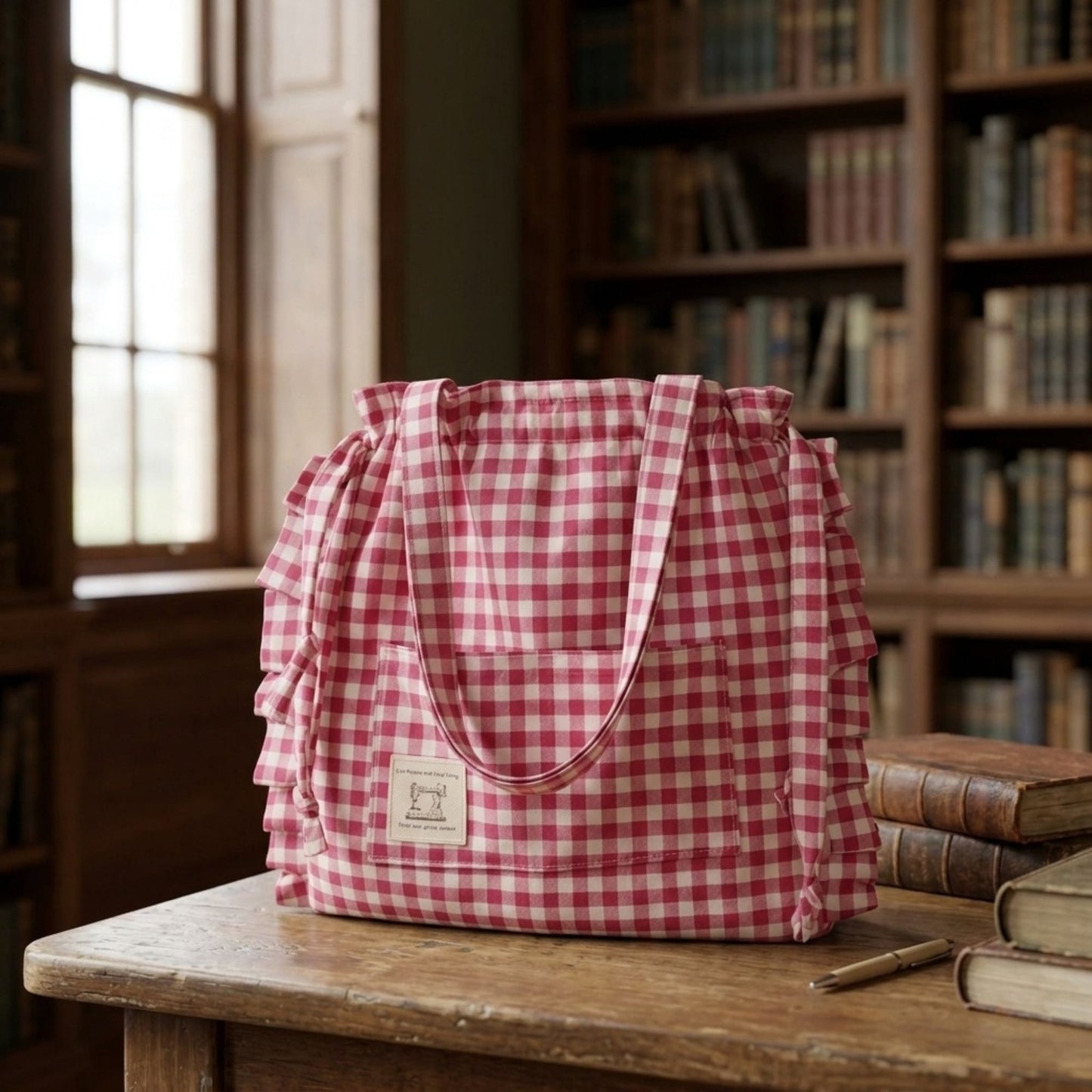 Red Gingham Bag sat on a wooden table in a library setting.