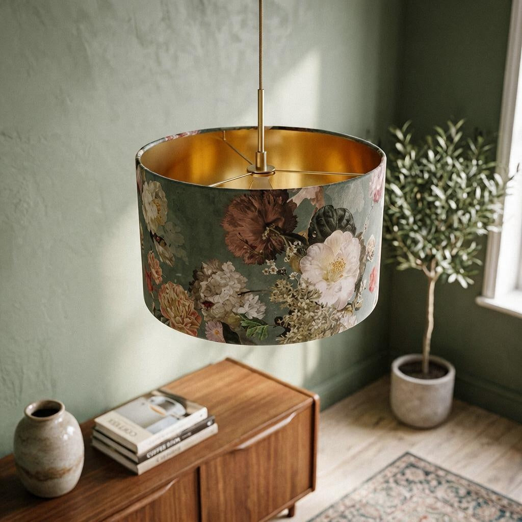 Botanical Lampshade with metallic gold lining hing against a sage green wall