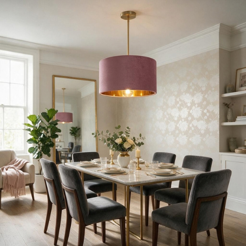 Mauve lampshade hung over dining room table
