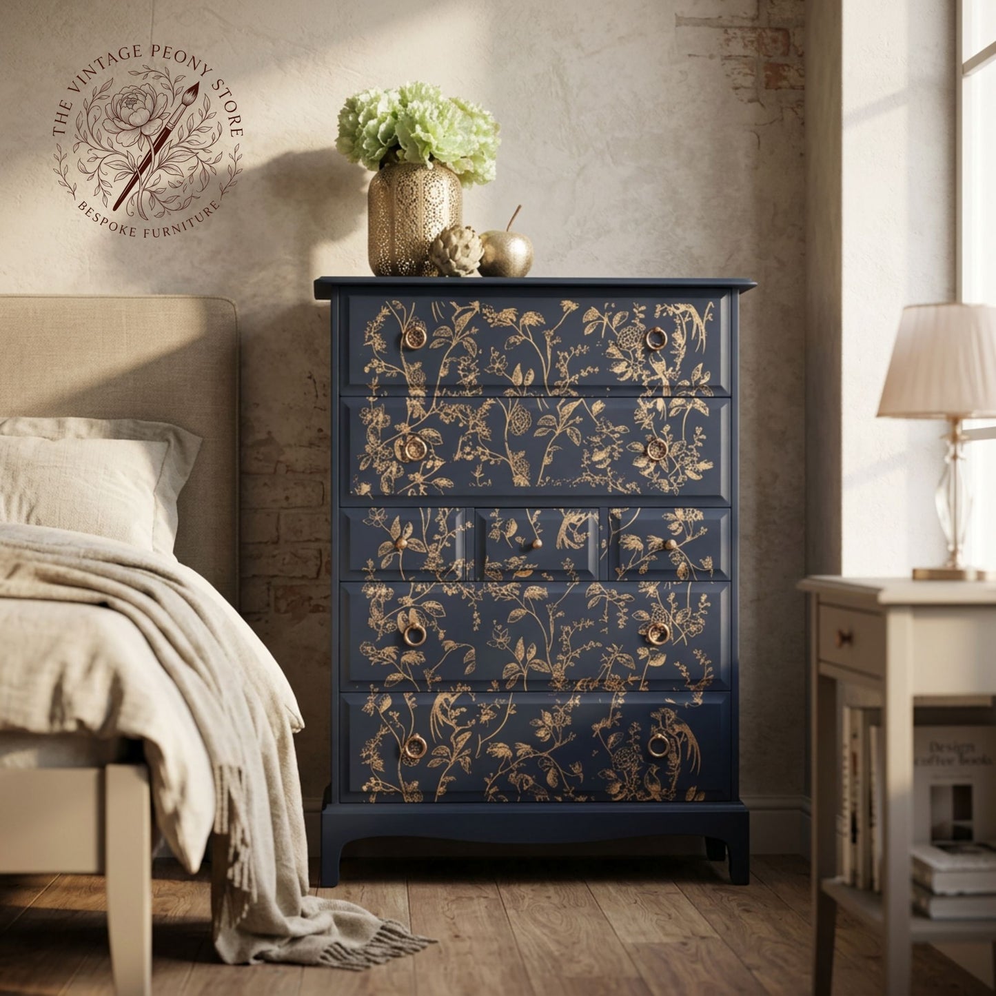 A navy blue five-drawer dresser with ornate gold floral and bird motifs on the front, styled in a warm, rustic bedroom setting next to a bed and bedside table.