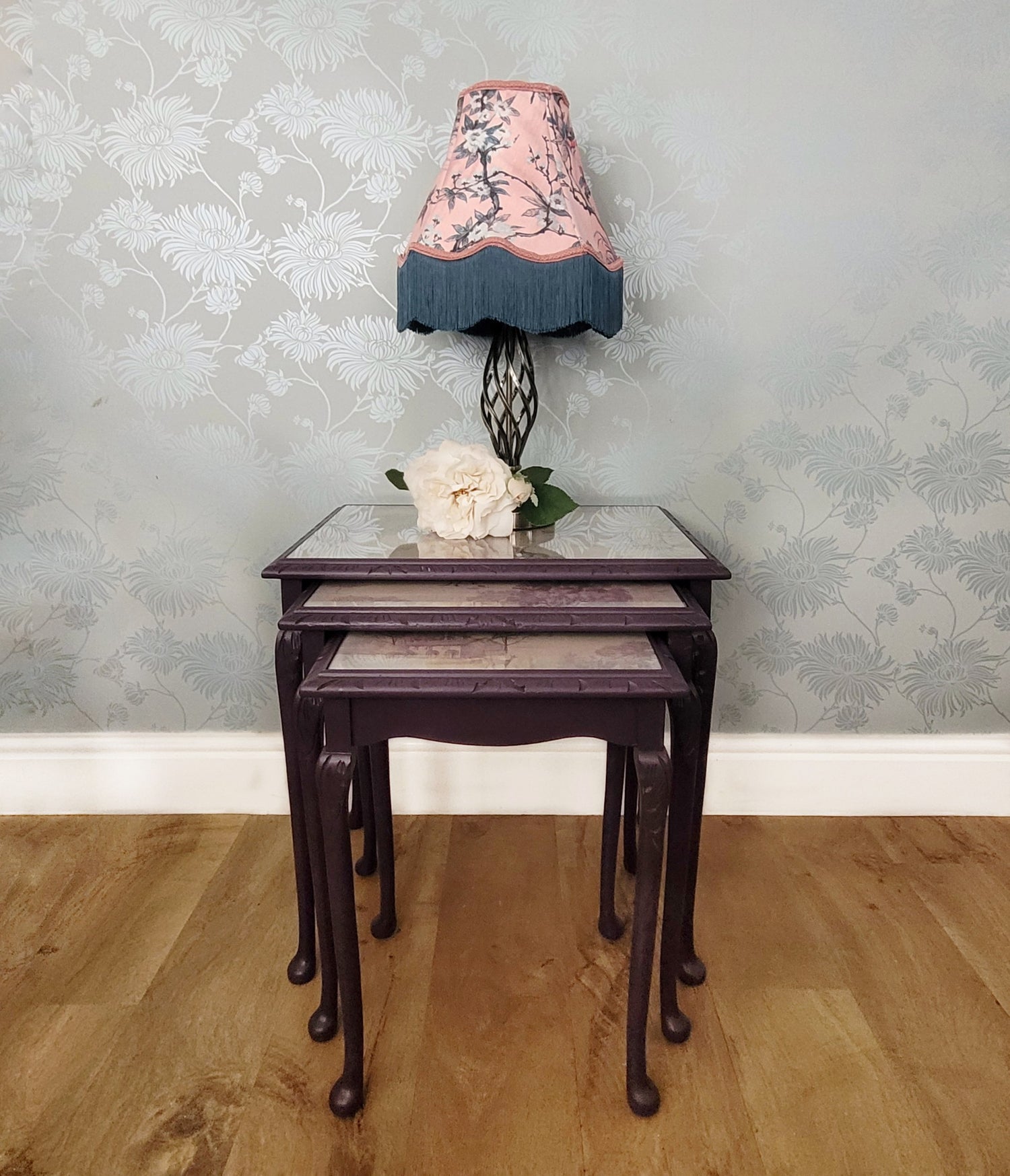 Image of a nest of tables painted in velvet plum with a hardmade lampshade.
