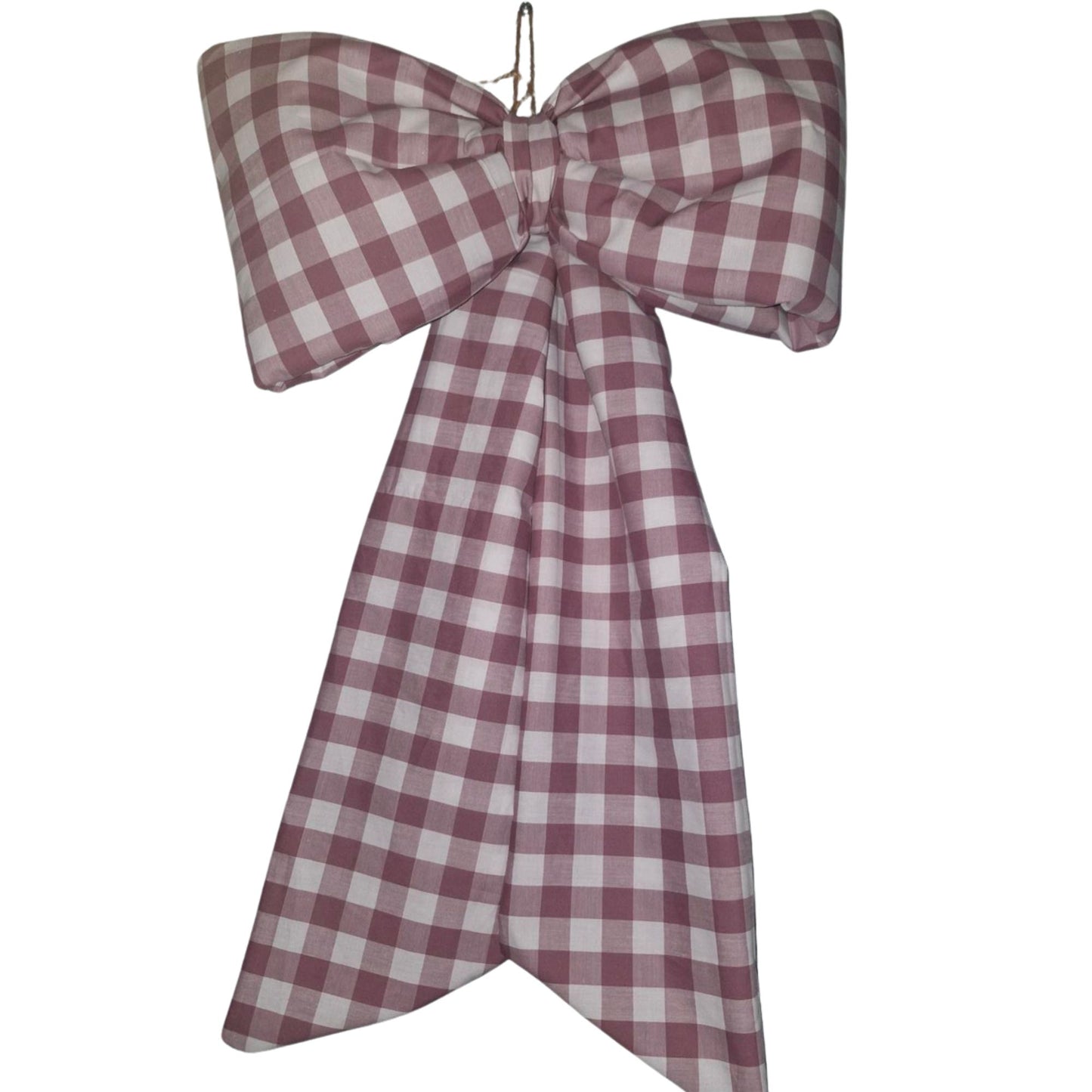 Large checkered bow with a purple and white pattern on a white background