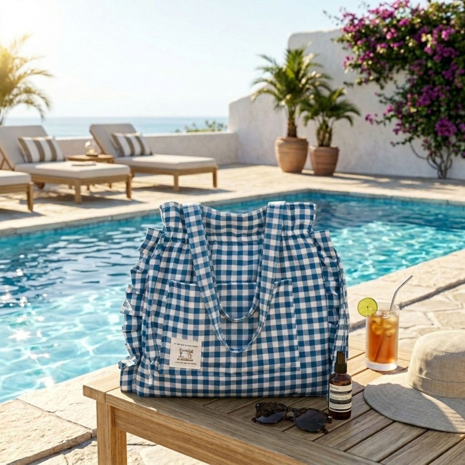 Teal gingham bag staged on a table next to a swimming pool in a holiday setting.