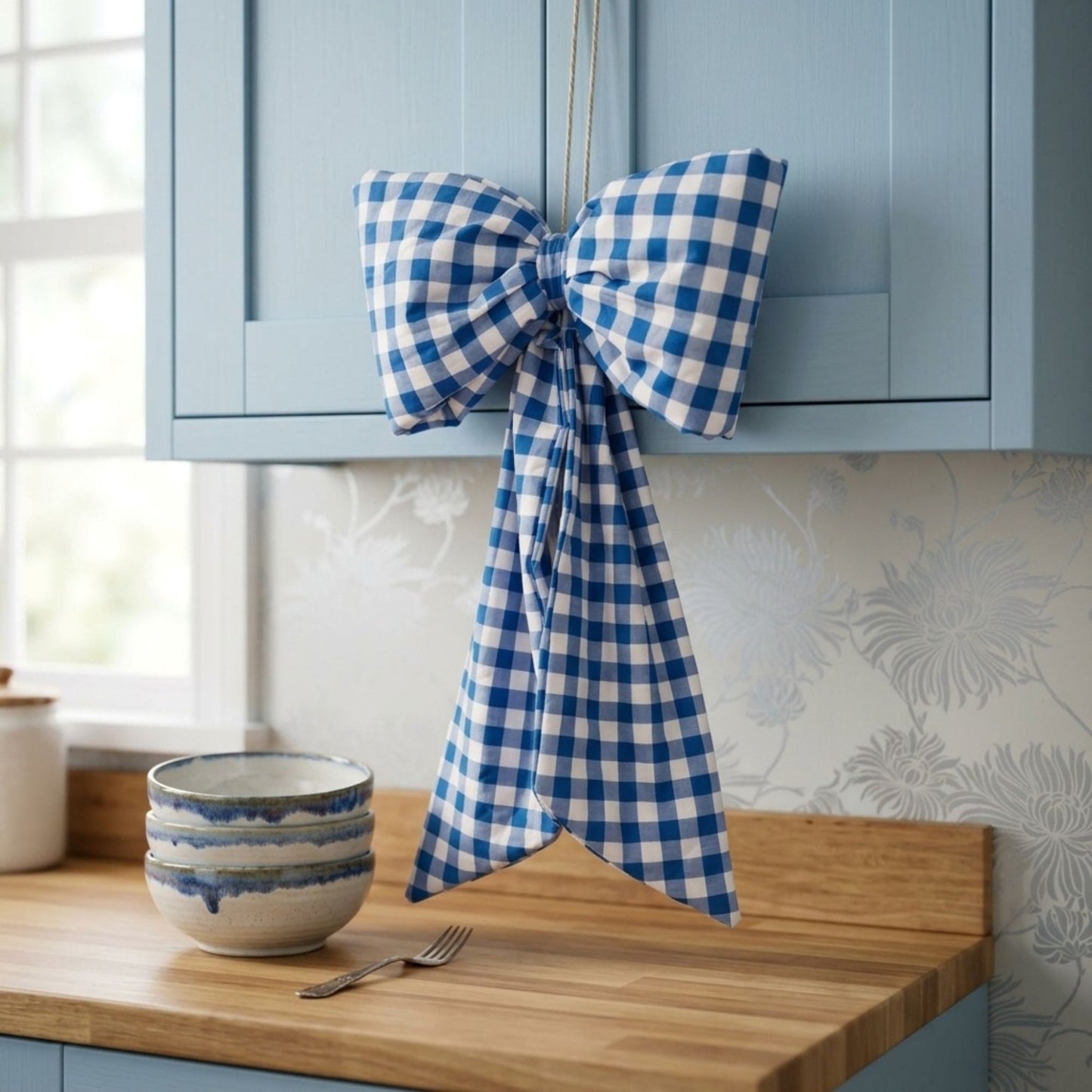 Blue gingham hanging bow hung on a blue kitchen cupboard door above an oak worktop
