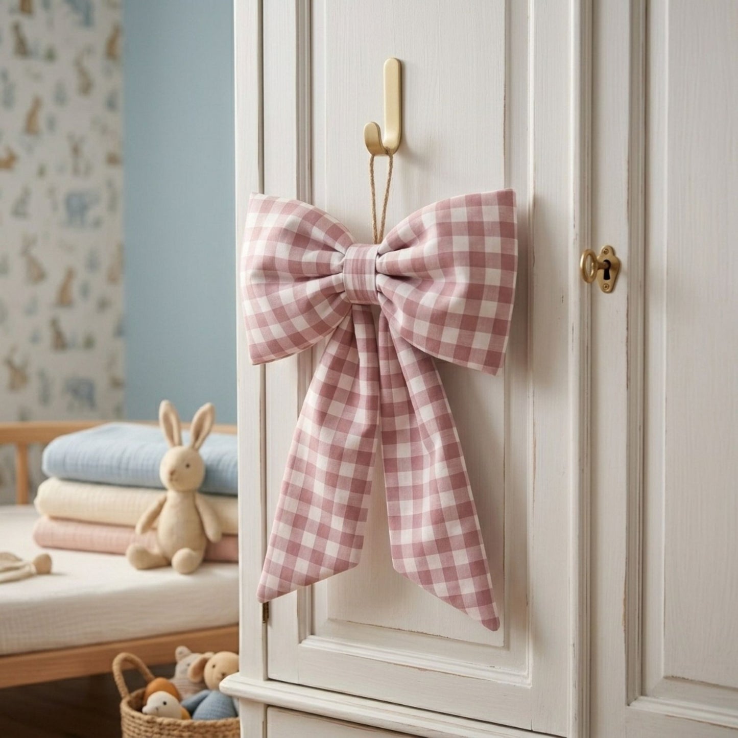 Pink Gingham Hanging bow on a hook on a nursery wardrobe door