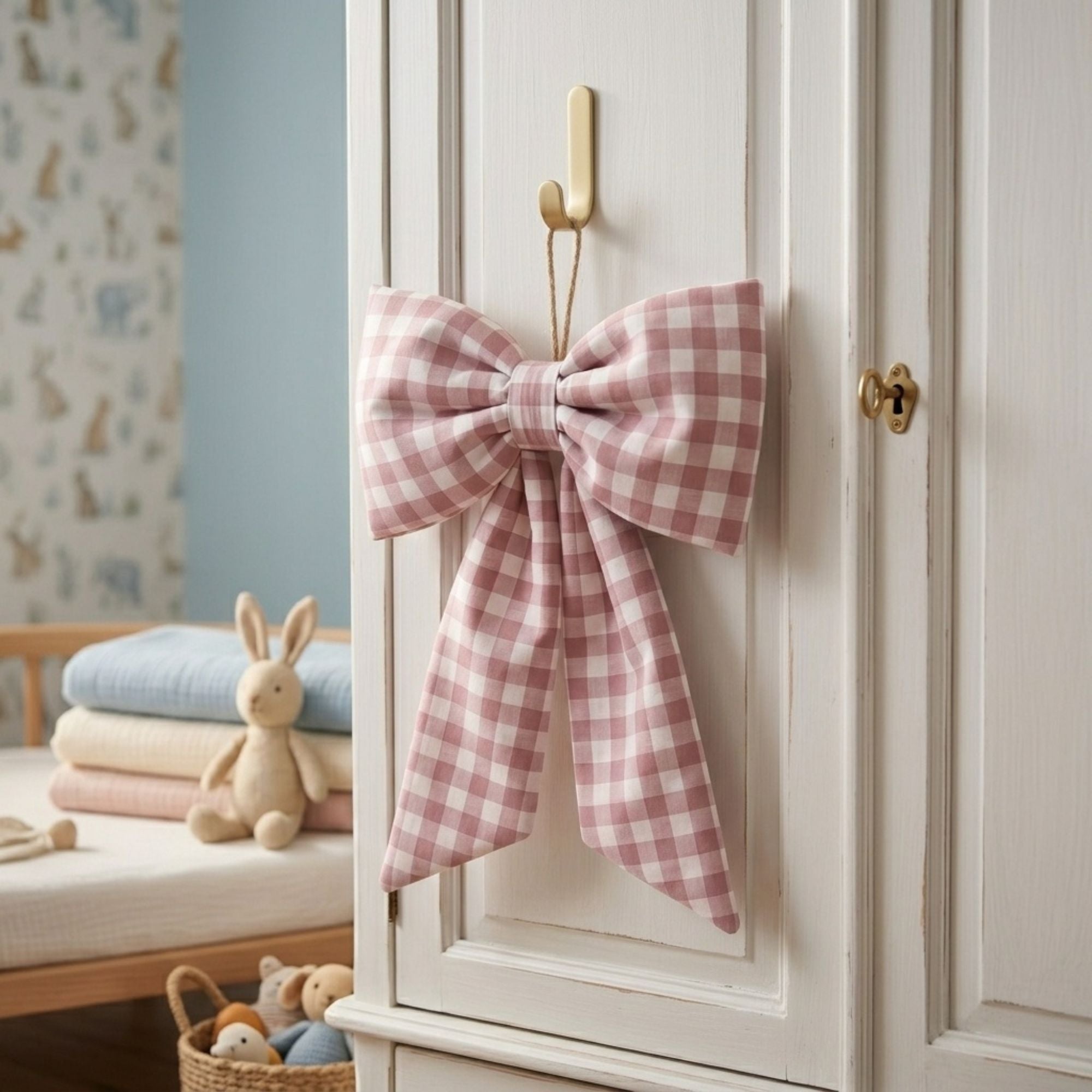 Pink Gingham Hanging bow on a hook on a nursery wardrobe door