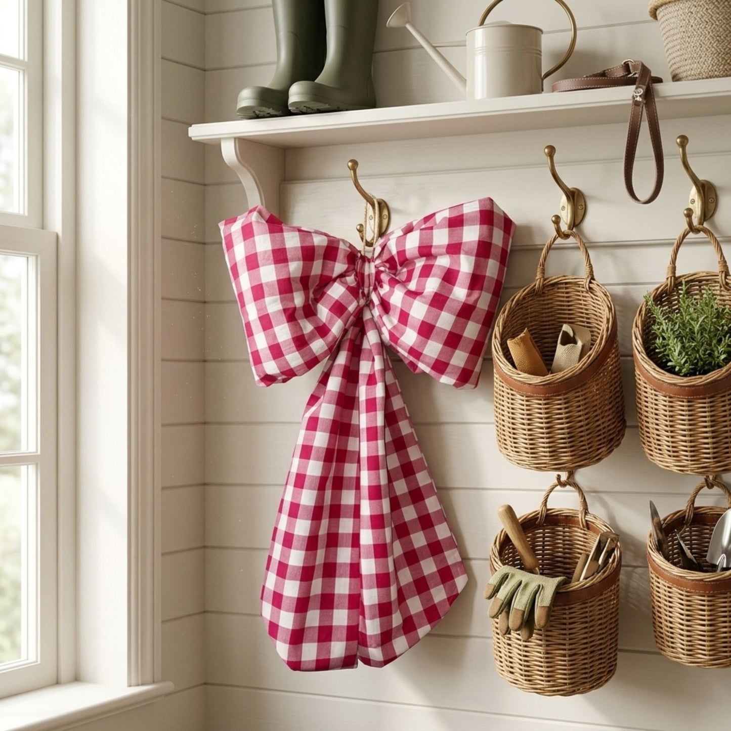 Red gingham hmging bow on a gold hook in a bootility room surrounded by wicker hanging baskets