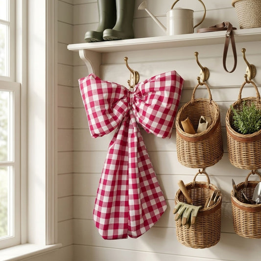 Red gingham hmging bow on a gold hook in a bootility room surrounded by wicker hanging baskets