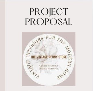 Project proposal for 'Interiors for the Modern Home' by The Vintage Peony Store on a light pink background.