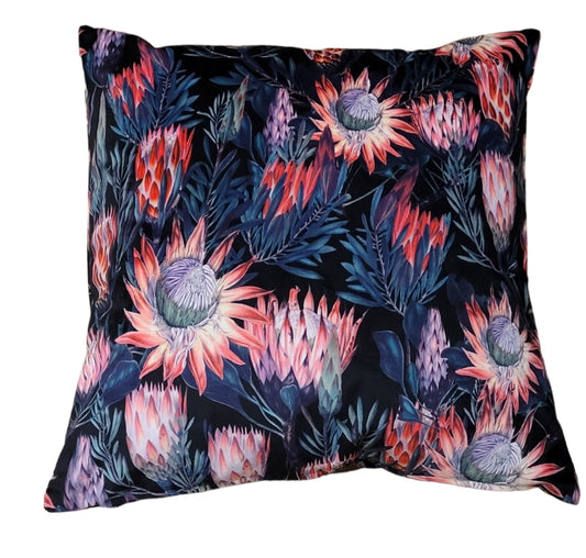 Velvet Square Accent Cushion in Black and Bright Pink Protea Flower Print