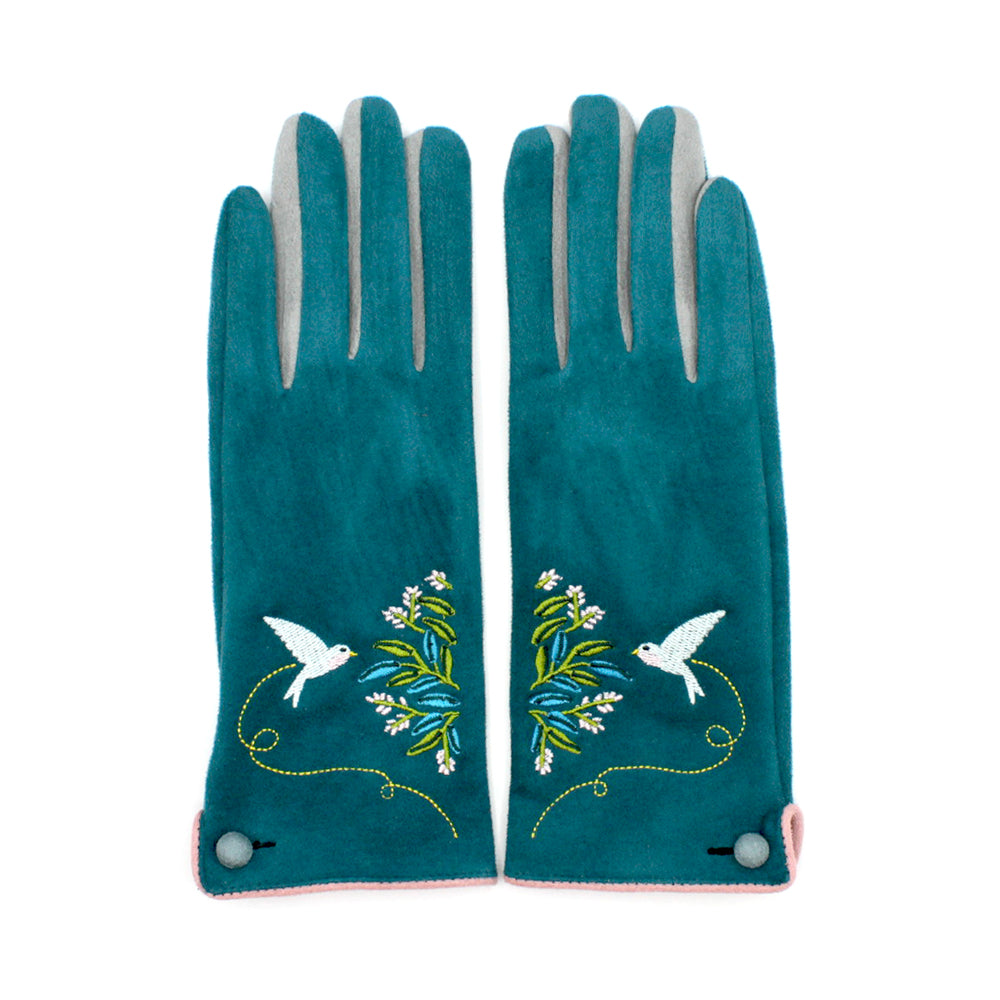 Embroidered Bird Secret Garden Gloves - Touchscreen Friendly, Cosy Winter Gift, Teal and Pink Women’s Gloves 