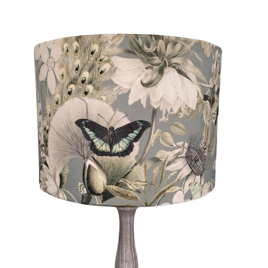 Velvet Table Lamp - Green Leaves, Countryside fabric with Peacocks and Butterflies