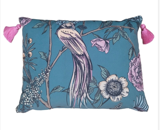 Sage Green Floral Bird Print Velvet Oblong Cushion with tassels