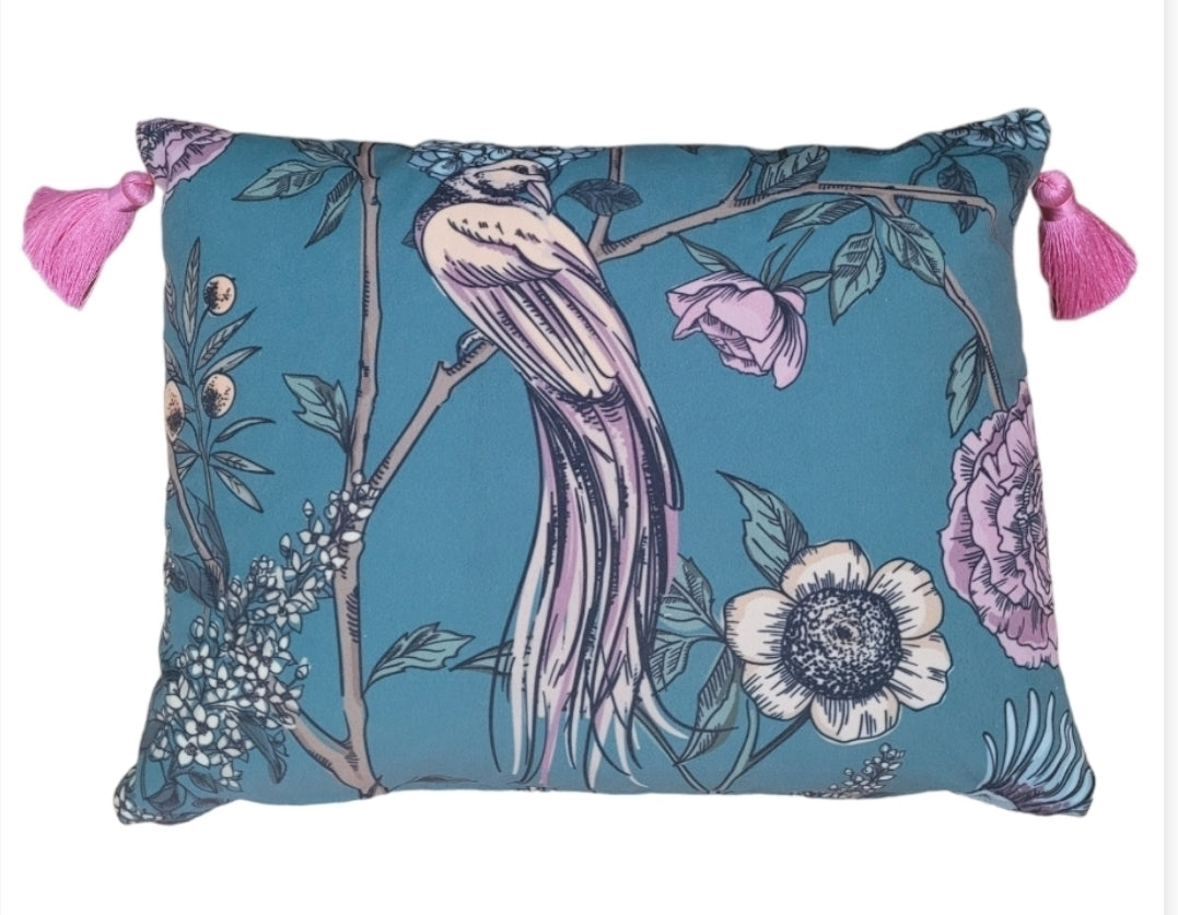 Sage Green Floral Bird Print Velvet Oblong Accent Cushion with tassels