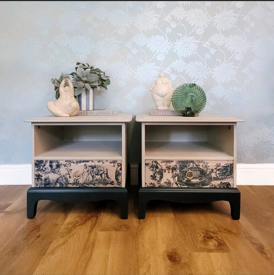 Pair of Stag Minstrel Letterbox Bedsides, featuring a French Parisien 'Toile de Jouy' design in cream and blue. These elegant bedside tables add a touch of vintage charm to any bedroom. Perfect for those who appreciate classic and timeless bedroom furniture.