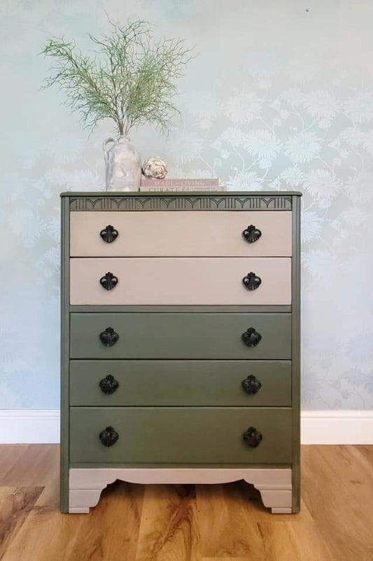 Upcycled Mid-Century 5-Drawer Chest by Lebus, painted in Bayberry with Algonquin Wash on top drawers. Lined with Tulip Garden wallpaper and featuring black scarab hardware.