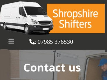 Shropshire Shifters logo with a white van and contact information on a dark background