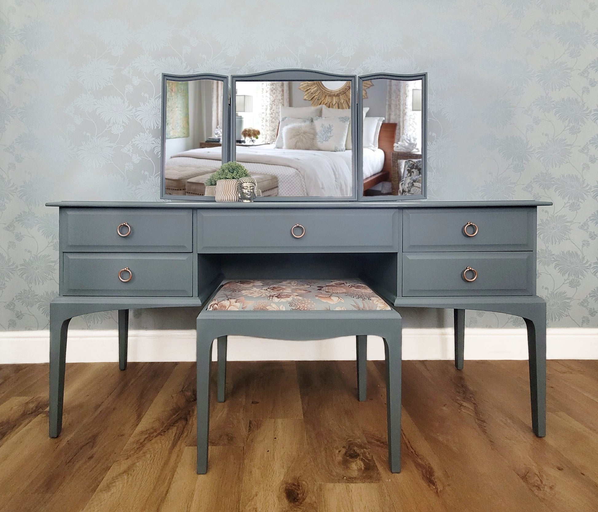 CUSTOM ORDER -  Stag Dressing Table, Triple Mirror & Upholstered Stool / Bedroom Furniture / Bespoke Bedroom Furniture