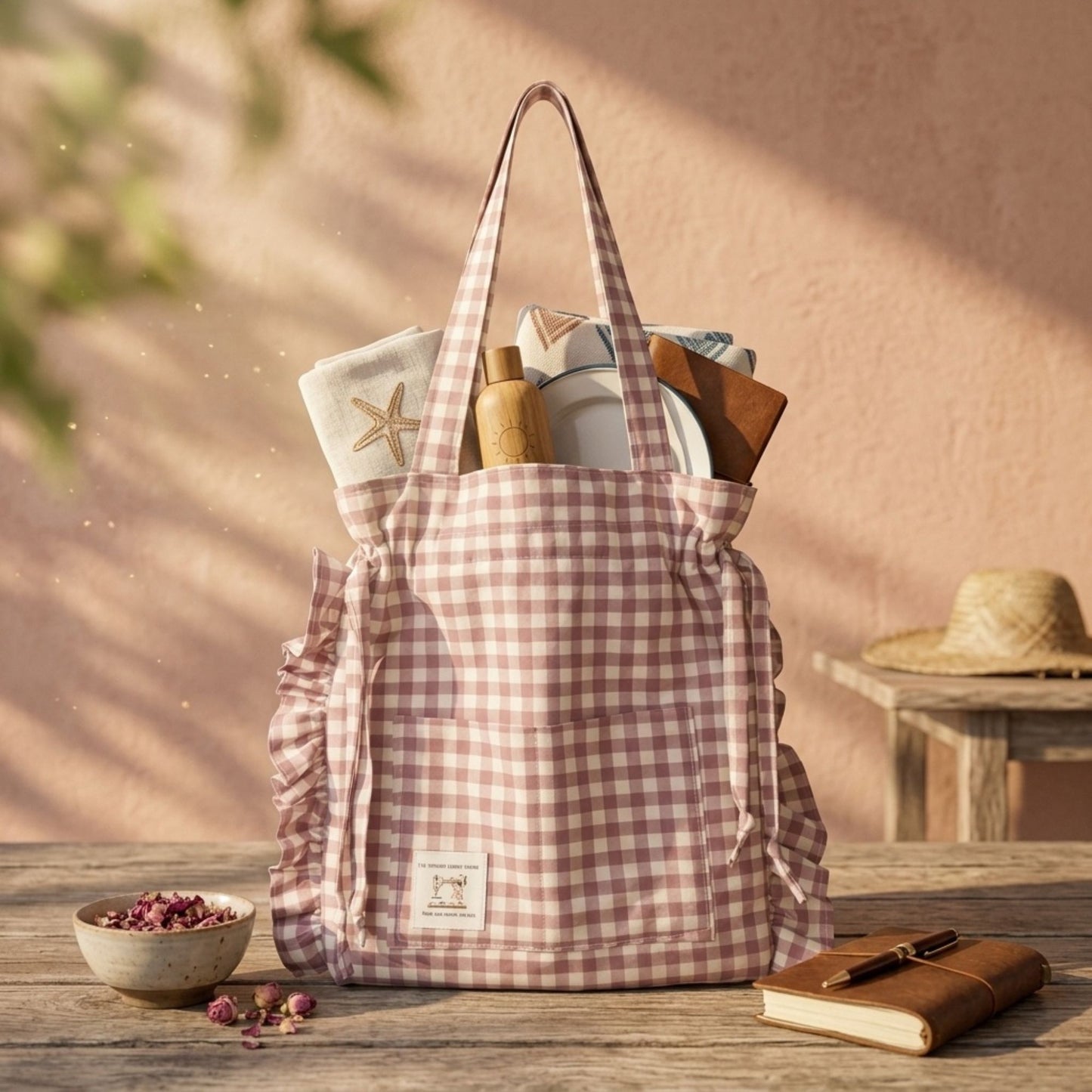 Pink Gingham tote bag filled with rustic kitchen and baking utensils on a wooden table.