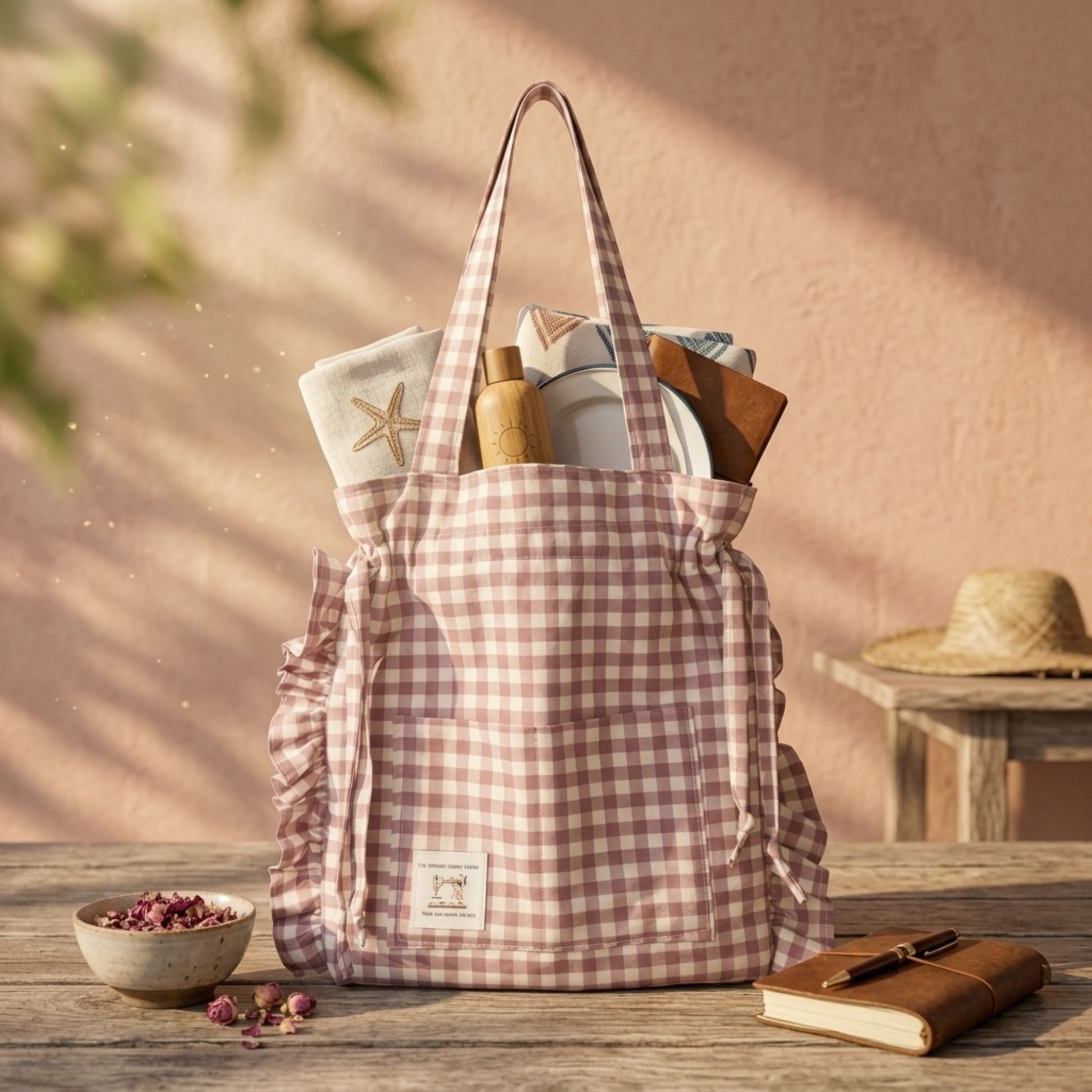 Pink Gingham tote bag filled with rustic kitchen and baking utensils on a wooden table.