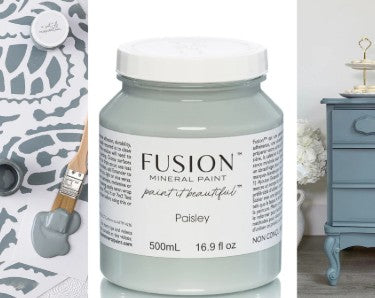 Fusion Mineral Paint jar with a painted dresser in the background
