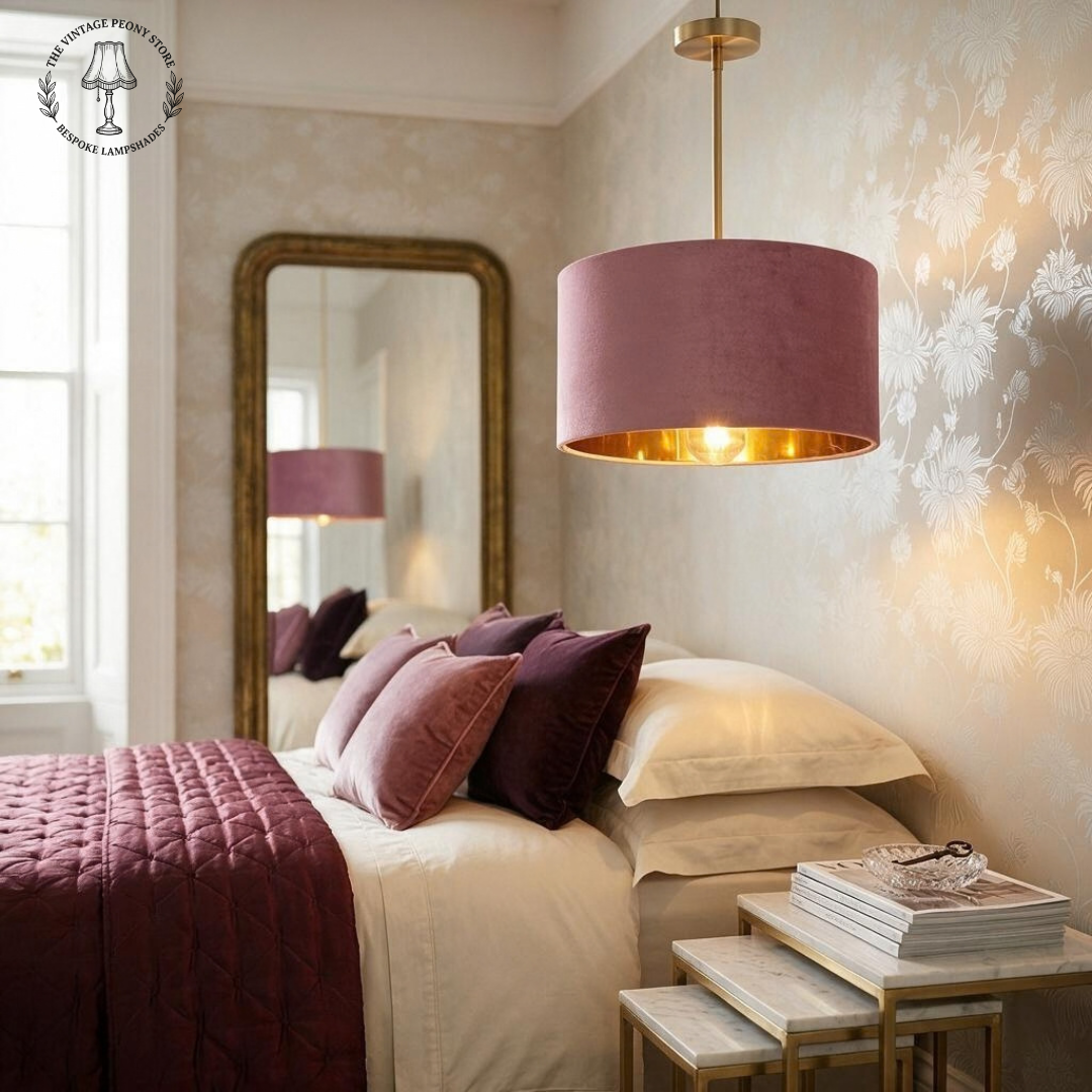 A modern bedroom scene featuring a cylindrical drum pendant light with a dusty rose velvet shade and a gold-toned brass interior, hanging over a bed with matching rose and burgundy bedding.