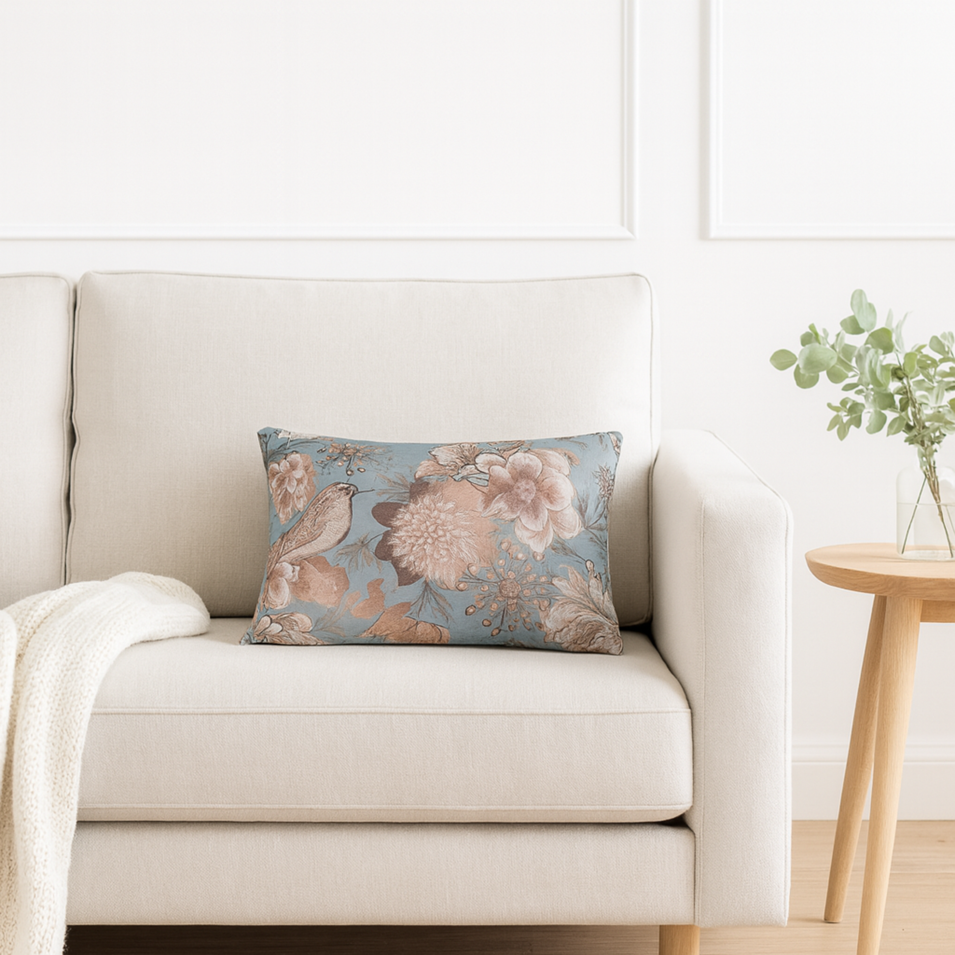 Velvet Oblong Accent Cushion in Copper Metallic featuring birds, butterflies & botanicals