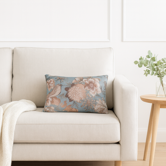 Velvet Oblong Accent Cushion in Copper Metallic featuring birds, butterflies & botanicals